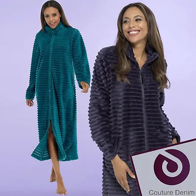 Ladies Womens Ribbed Fleece Dressing Gown Front Zipped Super Cosy Soft Nightwear • £22.99