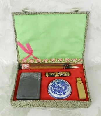 Vintage Chinese Calligraphy Set Old Writing Box Kit - Brushes Ink Stamp • $18.99