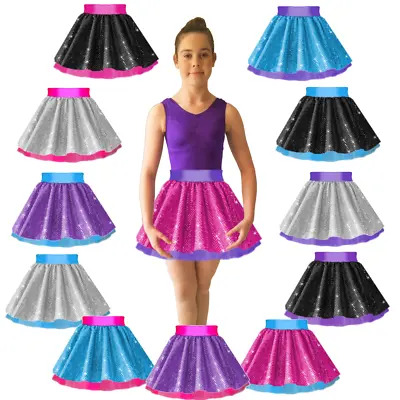 GIRLS SEQUIN & NET Sparkle 12  Skirt JAZZ & TAP Dance SHOW Costume Many Colours • £12.99