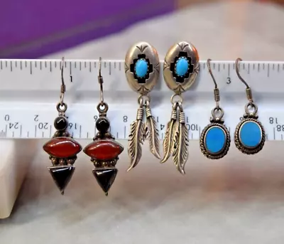 3 Pair Vintage Sterling Earrings Black Onyx Carnelian Turquoise X 3 Lot • $7.50