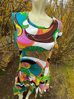 VTG 60s 70s WOMENS S/M FACEMELTER PEACOCK CRAZY PRINT HIPPY DISCO DRESS • $250