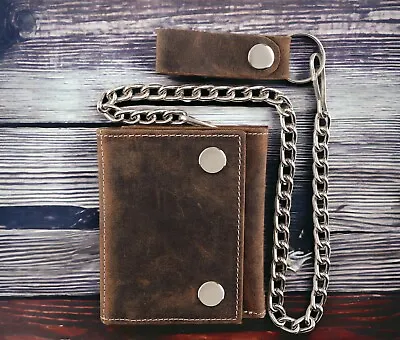 100% Full Grain Leather Trifold Cowhide Biker  Wallet With Chain-RFID • $34.95