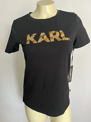 Karl Langerfeld Womens XXS Black T-shirt Short Sleeve Gold Sequin Logo • $38