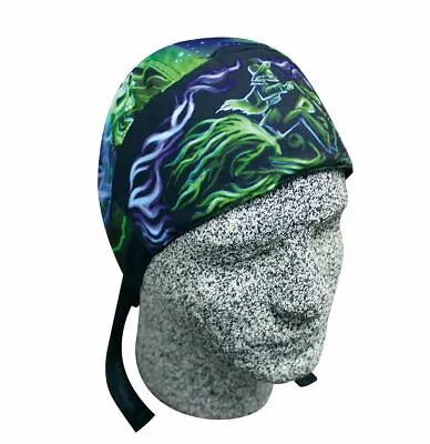Neon Green Blue Skull Flames Platinum Doo Rag Skull Cap Biker Durag Sweatband  • $10.95