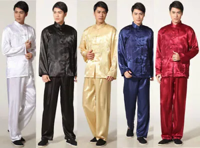 Popular Chinese Men's Silk Kung Fu Suit Pajamas Black White Blue Red M To 2XL • $23.26