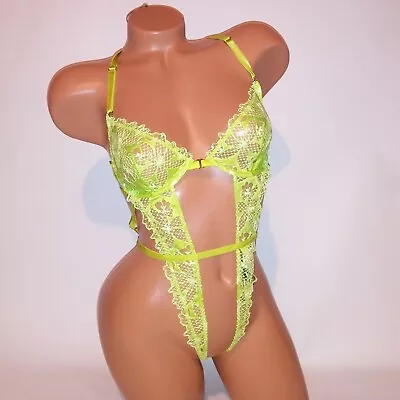 Victoria Secret Lingerie Teddy One Piece Bodysuit Neon Yellow Green Lace Unlined • $47.24