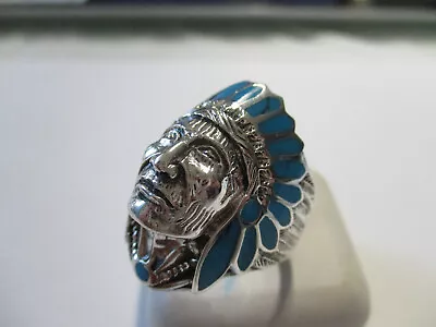 Sterling Silver Indian Face Ring Mens Synthetic Turquoise .925 SIlver Size 14 • $36.76