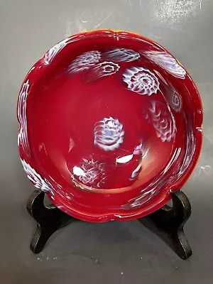 Vtg Murano Art Glass Bowl Millefiori Spirals Ruby Red With White Bottom 6.5 In • $18.99