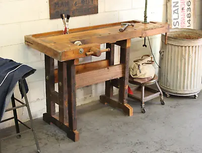 Vtg Industrial Woodworkers Workbench Console Table Bar W/ Vises • $850
