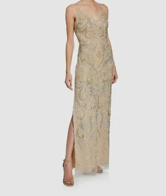 $395 Aidan Mattox Women's Beige Sleeveless Beaded Column Gown Dress Size 10 • $126.78