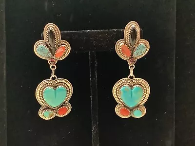 Vintage Sign Ly Navajo American Indian Turquoise Coral Heart Bold Earrings Nr • $145