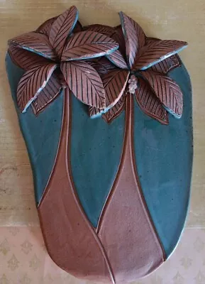 Signed Clay 3D Art Ceramic Blue Tan Palm Tree With Coconuts Wall Hanging • $24.99