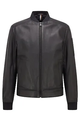 $645 - BOSS Leather Bomber Jacket W Ribbed Trims Lamb Leather Black - Size 38R • $386.55