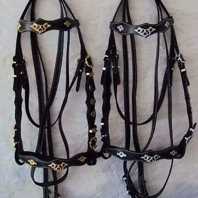 Engraved Silver Inlay Fancy Horse Tack Black Leather Bridle & Reins Set • $129