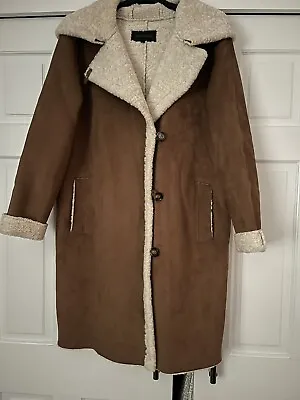Oakwood Faux Suede/Sheepskin Long Hooded Coat. Size M (fits L). • £69