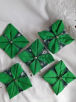 Set Of 5 Handmade Green Fabric Christmas Tree Decorations  • £6.50