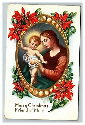 Vintage 1910's Whitney Christmas Postcard - Jesus & Mary Gold Border Poinsettias • $18.97
