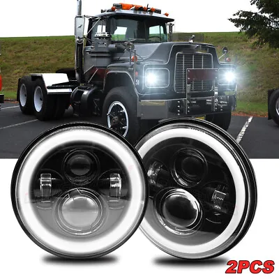 Pair 7inch 105W Round LED Headlights Halo DRL Hi/Lo Turn Signal For Mack R Truck • $79.32