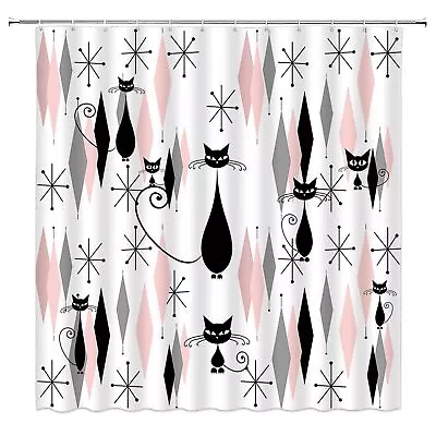 ABONAN Mid Century Black Cat Shower Curtain Atomic Starbursts Cat Modern Pattern • $24.20