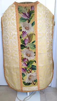 Vtg White & Gold Fiddleback Chasuble Vestment Colorful Lily Floral Needlepoint • $250