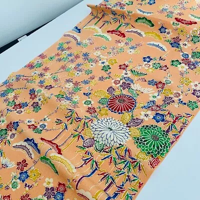 World #B 14x62 LONG Vintage Hama Chirimen Japanese Kimono Silk Fabric CF45 • $14.99