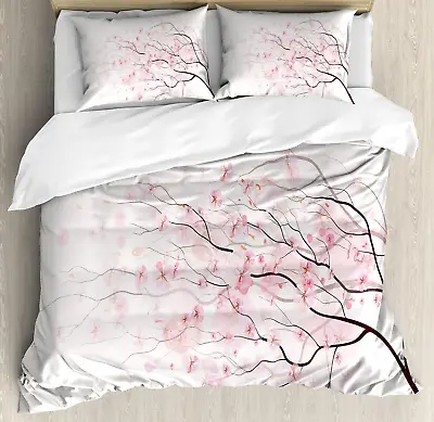 Pale Pink Duvet Cover Set Sakura Branch With Cherry Flowers Tender Japanese Spr • $187.86