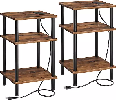 Set Of 2 Side Tables With Charging Station And USB Ports 3-Layer Stackable Nigh • $72.99