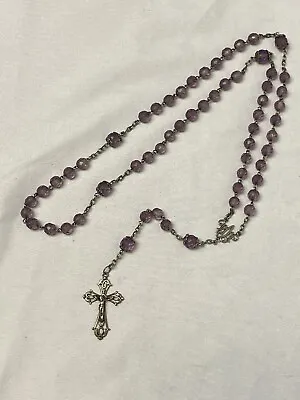 Vintage Religious Art Nouveau Silver Cross Purple Glass Bead Prayer Rosary • $28