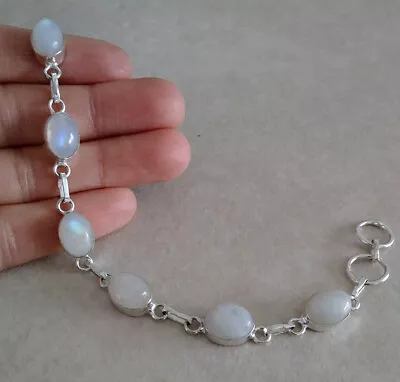 Natural Oval Blue Rainbow Moonstone 925 Sterling Silver Link Chain Bracelet 7.5” • $22.99