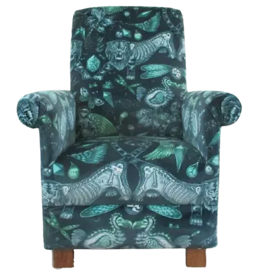 Armchair Emma J Shipley Velvet Extinct Fabric Adult Chair Teal Navy Animals New • £398.99