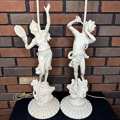 Auguste Moreau Figural Cast Metal Lamp Pair - Man Woman - Art Nouveau • $199