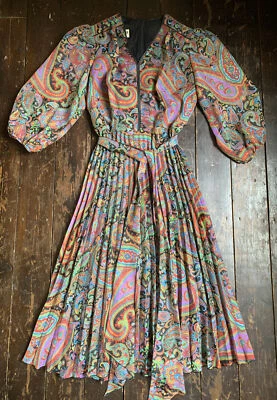 £49.99 • Buy Vtg 70s Black Multicoloured Paisley  LORCH Boho Hippie Polyester Pleated Dress S
