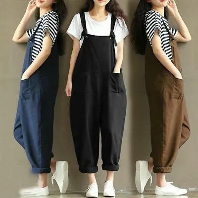 $22.60 • Buy Loose Cotton Linen Overalls Womens Playsuits Trousers Jumpsuit Dungarees