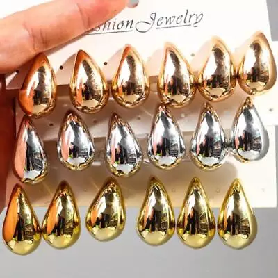 3Pair/set Chunky Gold Plated Waterdrop Hoop Earrings ForWomen Smooth Multicolour • $10.49