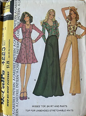 Vtg 70's McCall 4223 TOP Maxi SKIRT Wide Leg PANTS Sewing Pattern UNCUT Sz 12 • $11.95