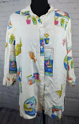 Hot Cotton By Marc Ware White Beach/Fish Print 3/4 Sleeve Linen Top Sz. S USA • $24