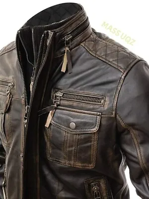 Men’s Motorcycle Biker Vintage Distressed Brown Cafe Racer Real Leather Jacket • $132