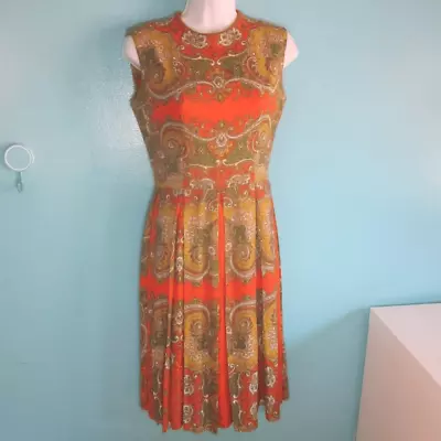 L' Aiglon Vintage 60's Womens Day Dress Size XS Orange Green Fit Flare Rear Zip • $118