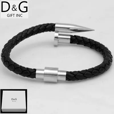 DG Men's 8  Stainless-Steel BlackBraided Leather Magnetic Bracelet*BOX • $15.95