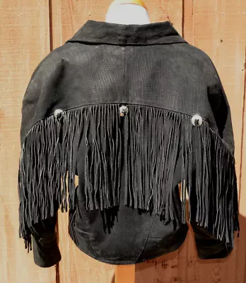 G-III Black Suede Fringe Jacket Western Bomber L Conchos Crop 90s Gothic • $49.99