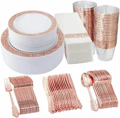 $70.40 • Buy Disposable 350PCS Rose Gold Plastic Plates Silverware Napkins Dinnerware Wedding