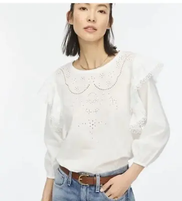 J.Crew Embroidered Ruffle Sleeve Top-White-Size Small • $16.10