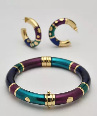 La Nouvelle Bague 14k Enameled Hinged Bangle Bracelet & Earring Set • $3800