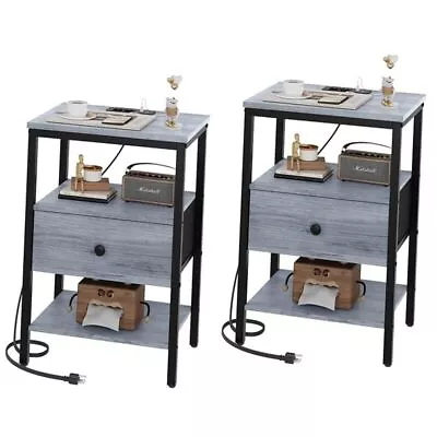Nightstand With Charging Station Set Of 2 Side Tables 2 Pack Grey Oak 1 Drawer • $100.78