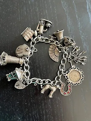 Vintage Sterling Silver 14 Charm Chunky Bracelet Move Open English • $95