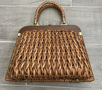 Vtg Brown Plastic Wicker Handbag 2 Handles  No Liner Classic Sophia Cottagecore • $22.10