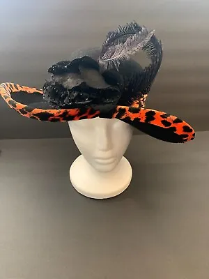 Mr. John Hat Black Felt With Orange/Black Animal Print Trim And Embellishments • $100