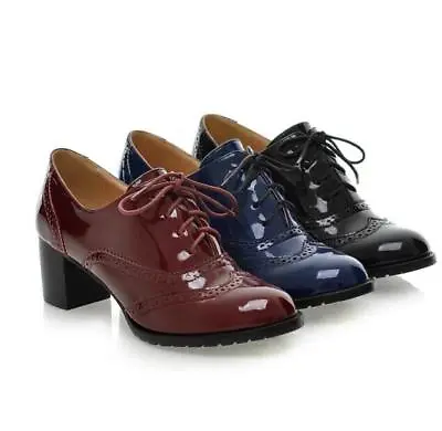 Ladies Pointy Toe Brogues Oxford Lace Up Patent Faux Leather Block Heels Shoes • $77.36