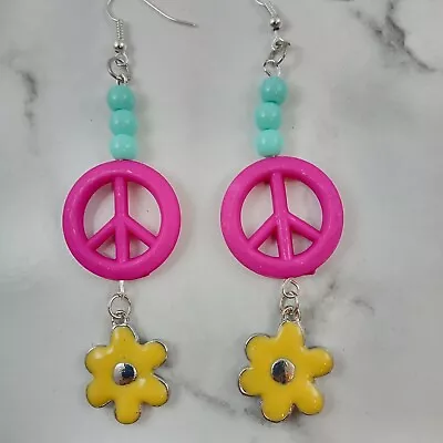 £3.95 • Buy Peace Earrings FLOWER POWER 60s 70s Hippie Hot Pink & Yellow Disco Party 80s Fun