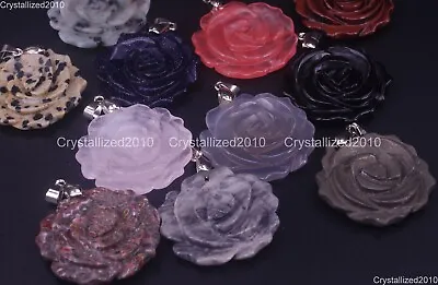 Natural Gemstones Carved Rose Flowers Reiki Chakra Healing Pendant Jewelry Beads • £6.74